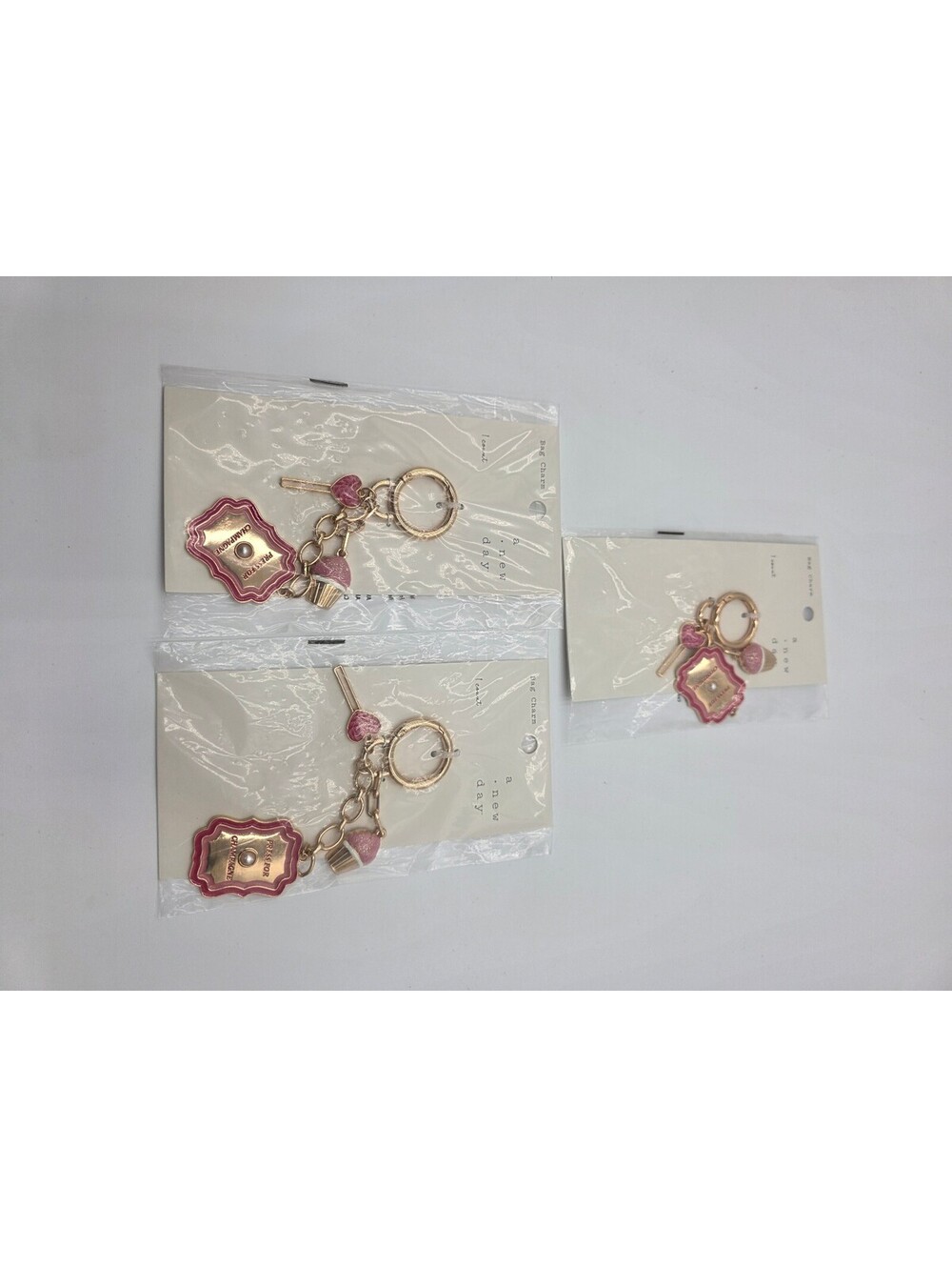 a new day Pink and Gold Charm Keychain with Cupcake and Heart